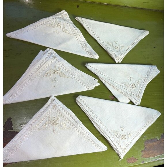 Vtg Linen Napkins Flax 12.5" Square Embroider Drawnwork Cottagecore Dining Home - Picture 2 of 9